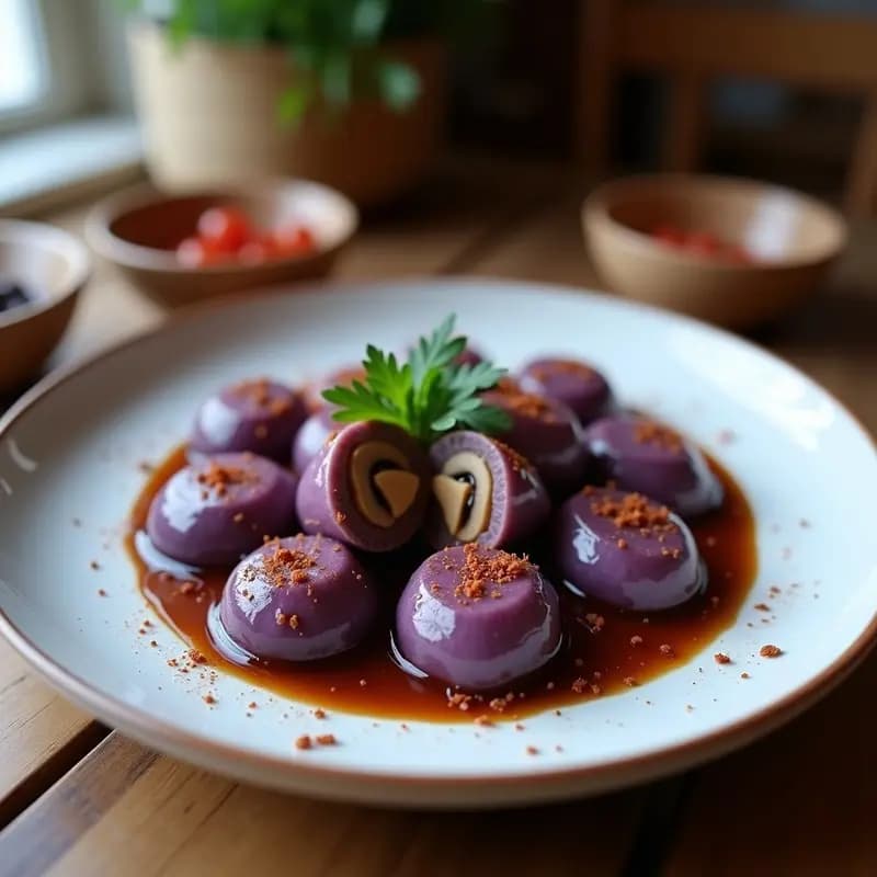Pyzy de Patata Morada y Champiñones: Ñoquis Polacos Veganos en Salsa de Cebolla Caramelizada