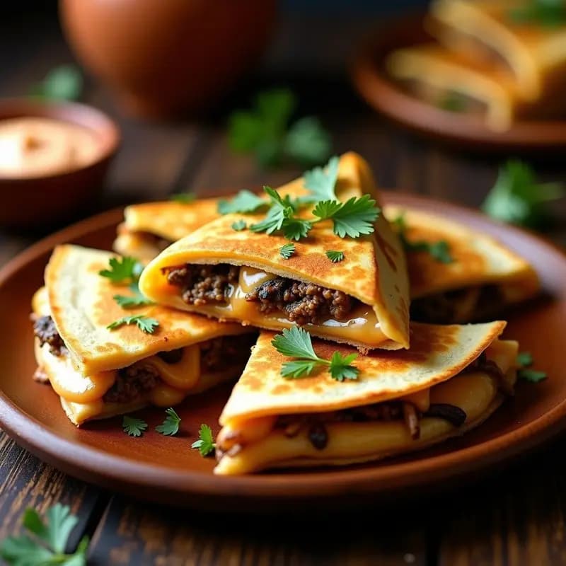 Quesadilla de 3 Pisos con Queso Oaxaca, Chorizo, Champiñones y Salsa de Chipotle: Capas de Sabor Mexicano