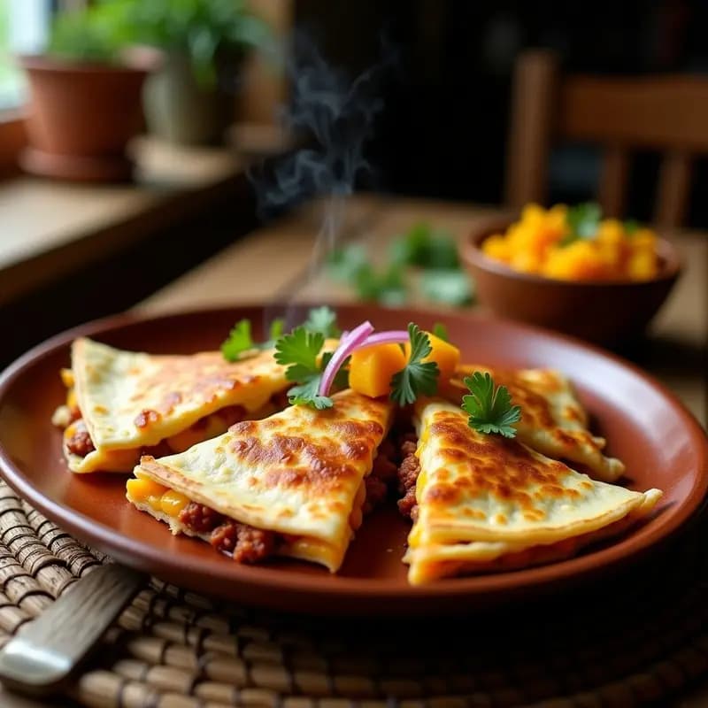 Quesadilla de 3 Quesos con Chorizo, Jalapeños y Salsa de Mango: Explosión Mexicana de Sabores
