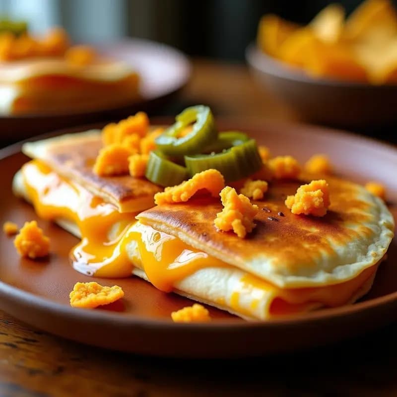 Quesadilla de 3 Quesos con Doritos Triturados y Salsa de Jalapeño y Miel