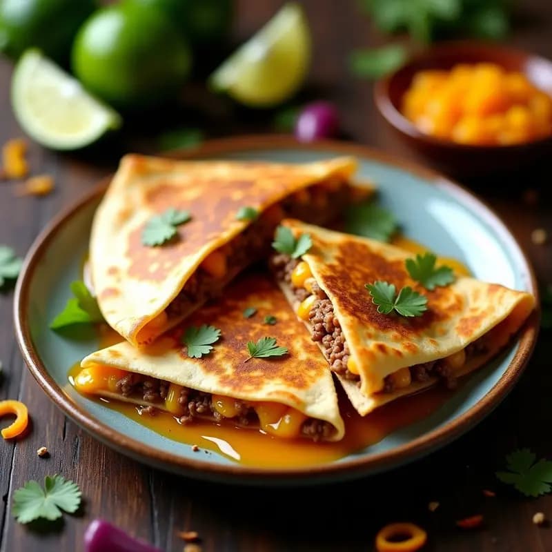Quesadillas de 3 Carnes con Queso Pepper Jack y Salsa de Mango Habanero: Explosión de Sabores