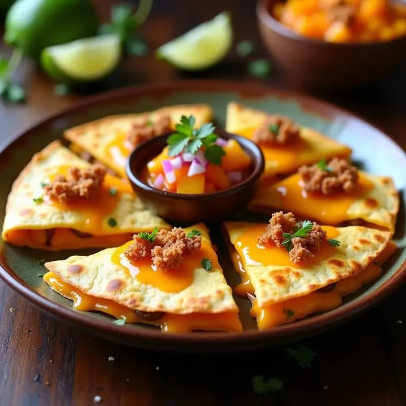 Quesadillas de Harina de Maíz con Queso Oaxaca, Chicharrón y Salsa de Mango Habanero