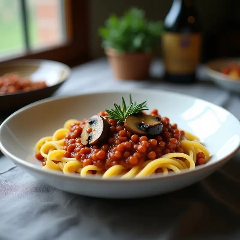 Ragu de Hongos Portobello y Lentejas: Receta Francesa Vegana con Pasta de Garbanzo