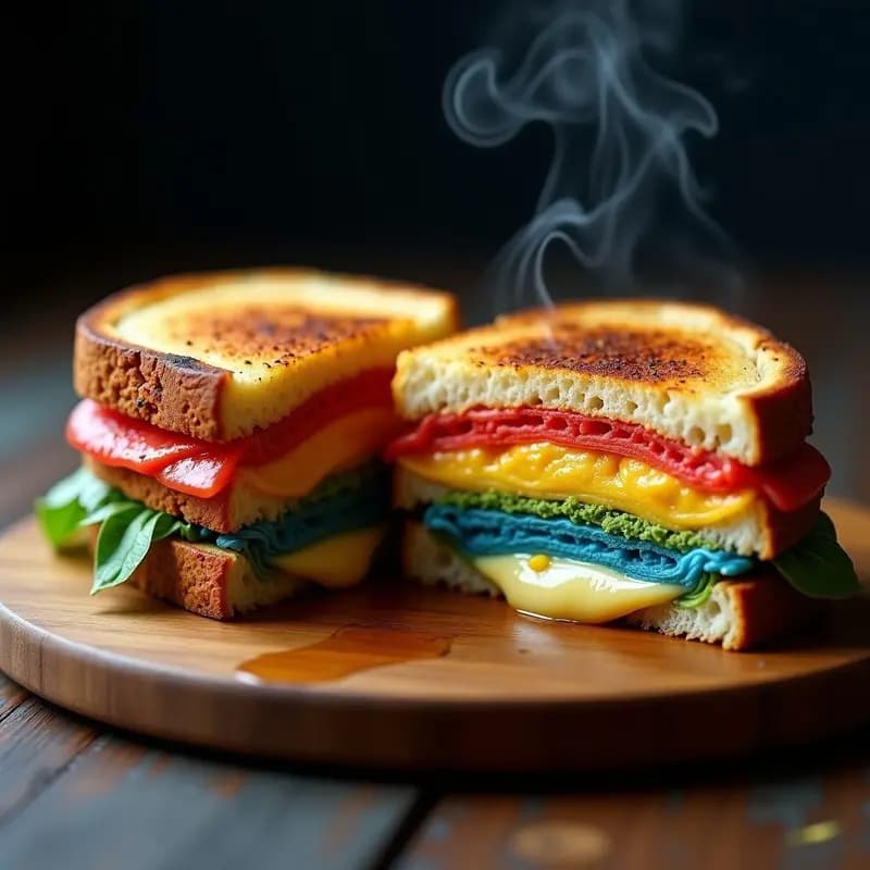 Rainbow Grilled Cheese: Sándwich de Pan de Arcoíris con Queso Fundido de 5 Tipos y Trufa Negra