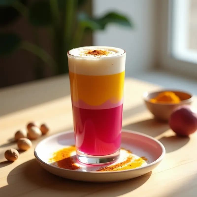 Rainbow Latte de Remolacha y Cúrcuma con Espuma de Leche de Avellanas: Bebida Antioxidante y Estética