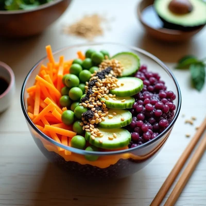 Rainbow Poke Bowl con Arroz Morado y Semillas Doradas: Plato Arcoíris en Capas