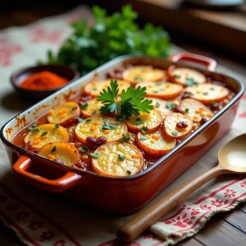 Rakott Krumpli Húngaro con Salchichas de Seitán: Receta de Papas Gratinadas Vegana y Reconfortante