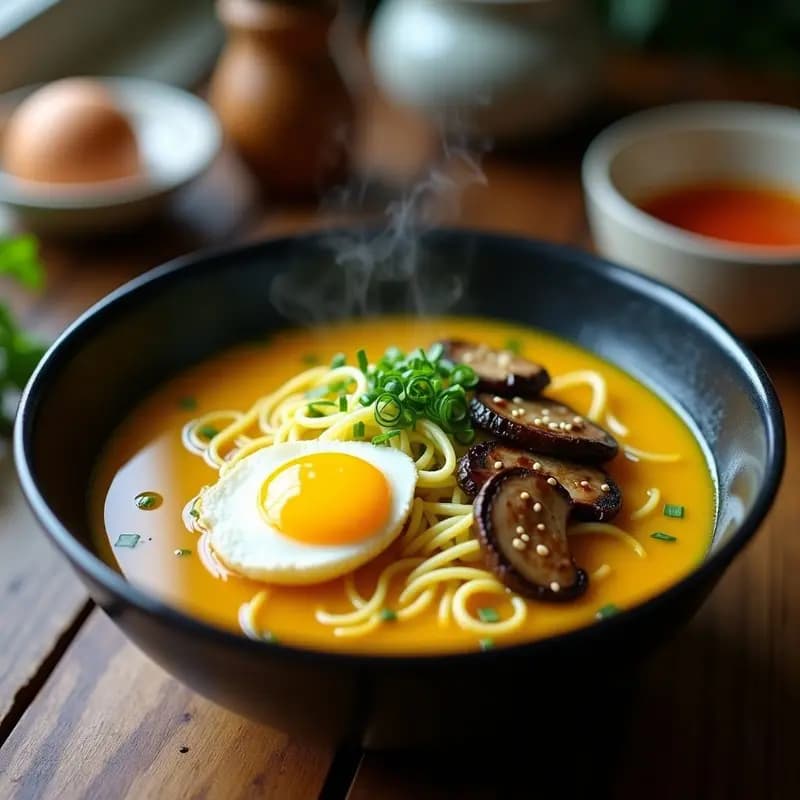 Ramen de Fideos de Calabacín y Huevo Poché en Caldo Dorado de Cúrcuma