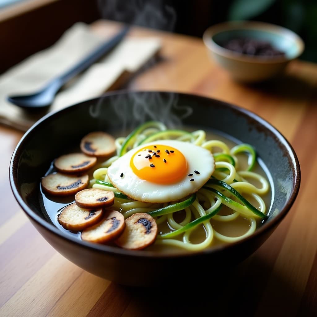 Ramen de Calabacín con Huevo Pochado y Seta Shiitake: Receta Japonesa Baja en Carbohidratos