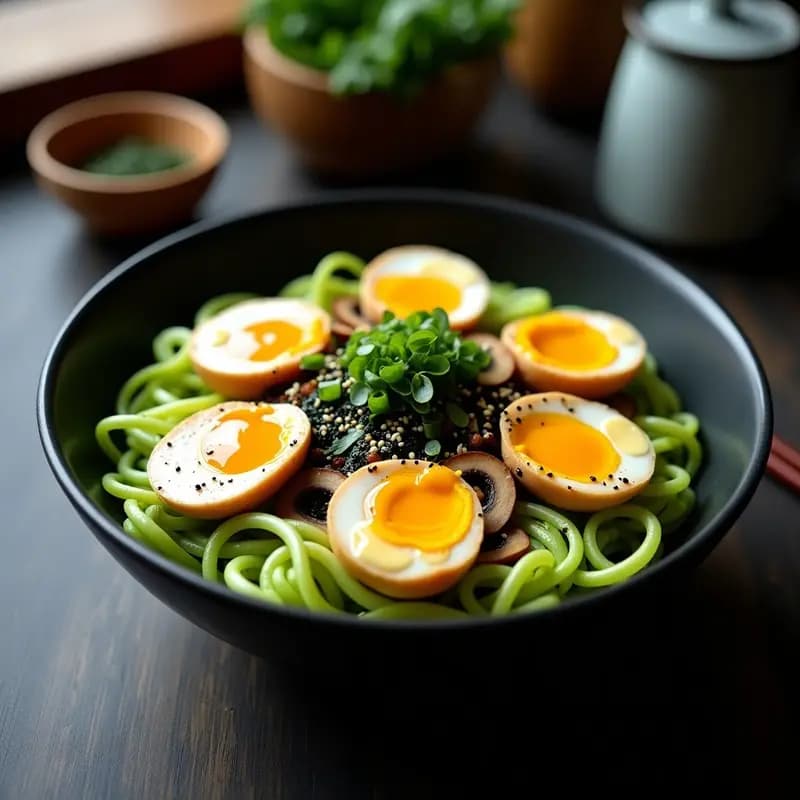 Ramen de Calabacín Espiralizado con Huevos de Codorniz y Hongos Shimeji: Receta Keto Visual