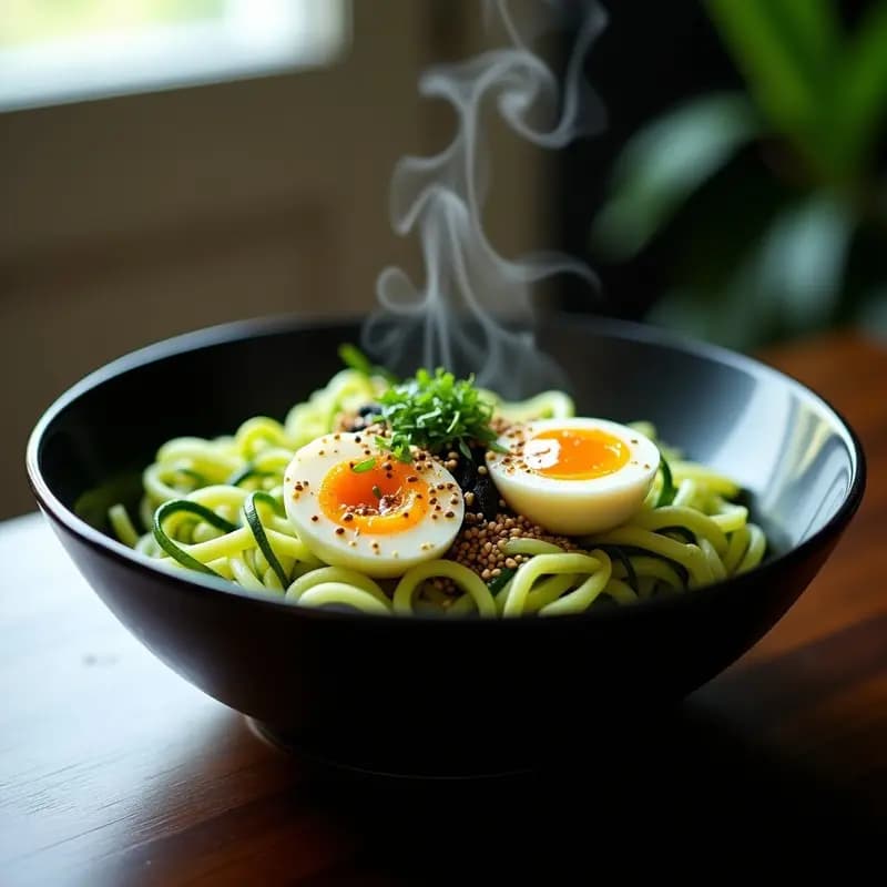 Ramen de Calabacín en Espiral con Huevos Marinados: Receta Sin Fideos y Alta en Proteína