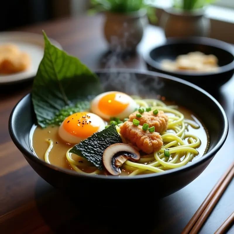 Ramen de Fideos de Calabacín con Caldo de Miso y Huevo de Codorniz en Tempura