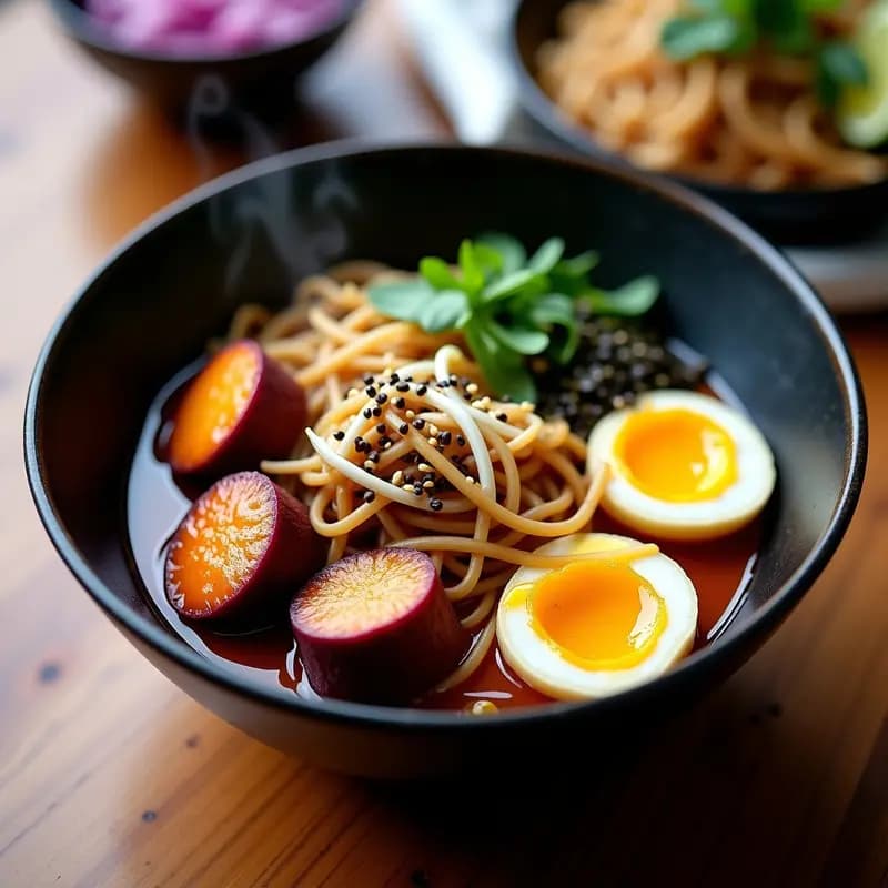 Ramen de Camote Morado con Huevos Marinados: Receta Japonesa Vegana en Airfryer