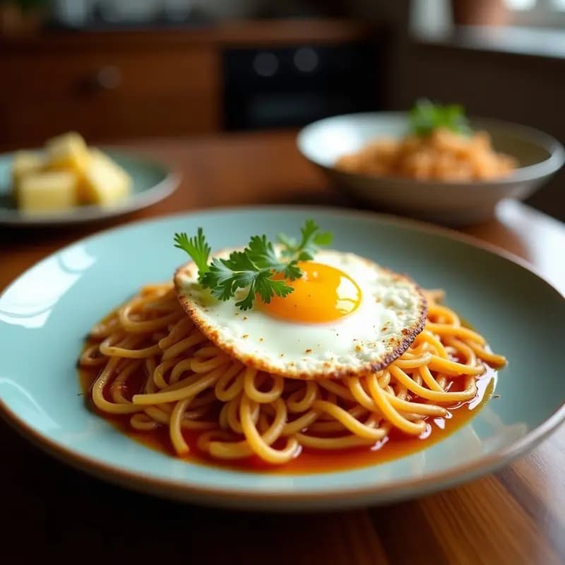 Ramen casero con Huevos Mar conveyed en Salsa de Soja: Sopa Japonesa de Fideos en Caldo Rico