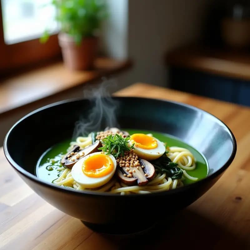 Ramen de Espirulina y Champiñones con Huevos de Codorniz: Receta Fusion en Thermomix