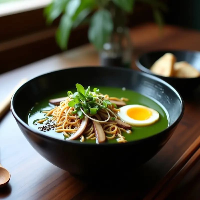 Ramen de Espirulina y Champiñones Shitake: Sopa Japonesa Vegana con Huevo de Lino