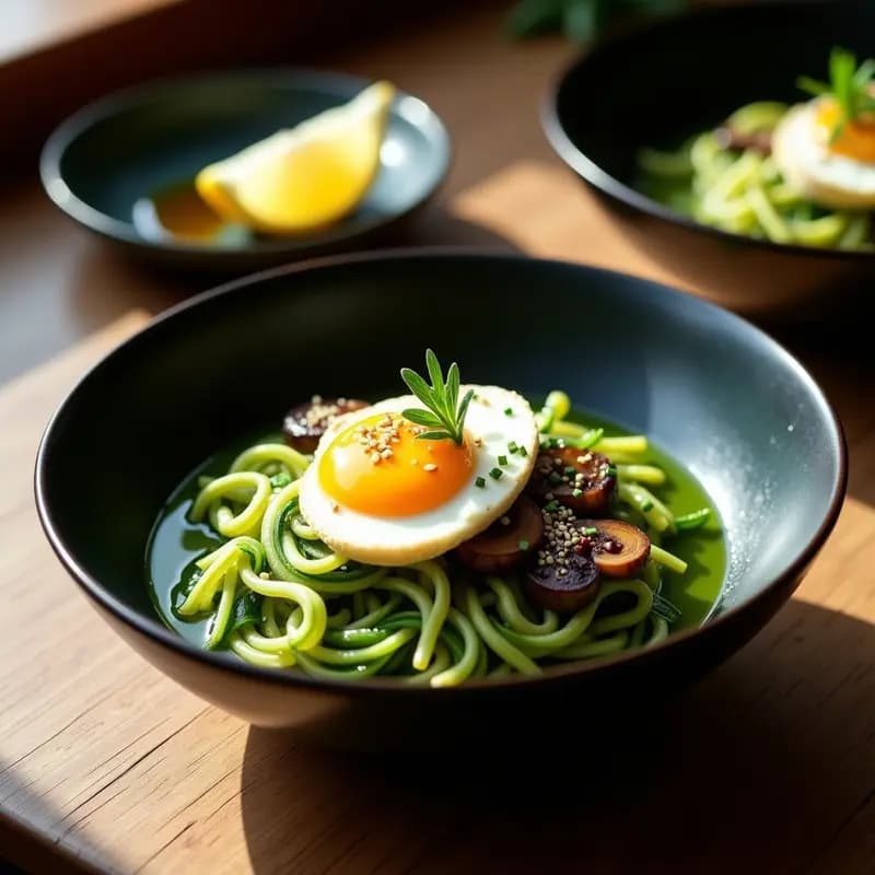 Ramen de Espirulina con Fideos de Calabacín y Huevo Poché: Receta Detox y Baja en Calorías