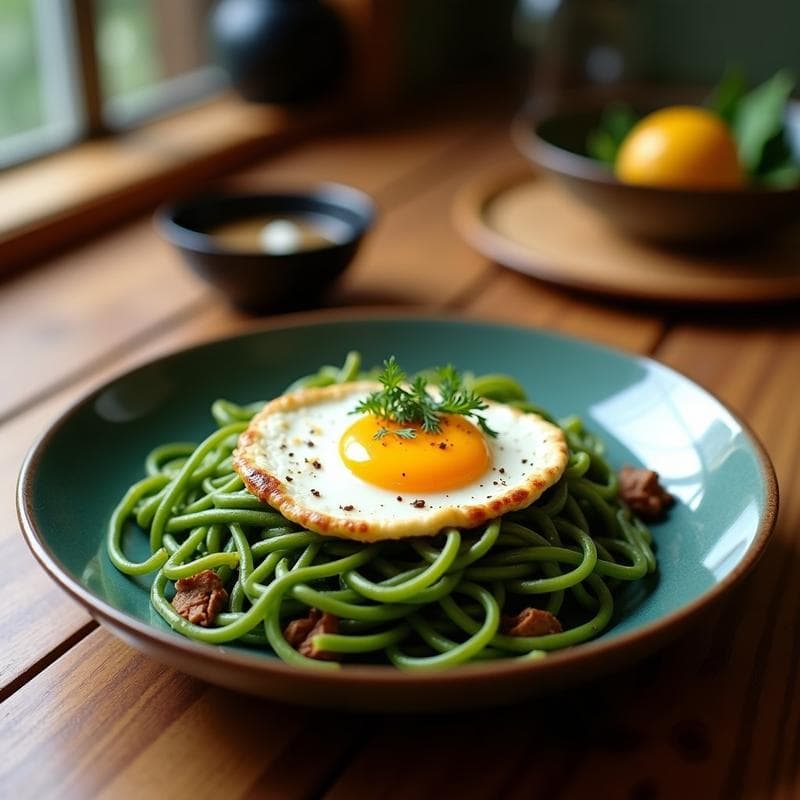 Ramen de Espirulina y Huevo Marinado: Receta Vegana en Airfryer con Brotes de Soja