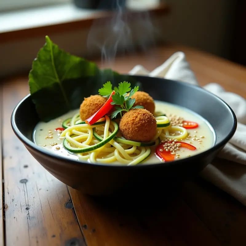 Ramen de Fideos de Calabacín con Caldo de Miso Blanco y Falafel Crujiente