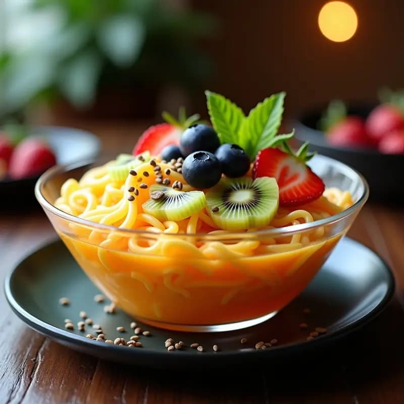Ramen de Frutas con Fideos de Gelatina y Mousse de Mango: Postre Japonés Innovador y Sin Cocción