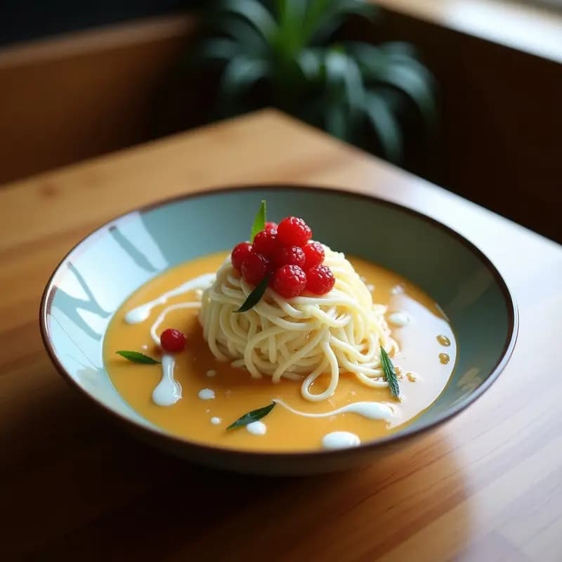 Ramen de Helado de Matcha con Fideos de Coco y Toppings de Frutos Rojos: Postre Japonés Innovador