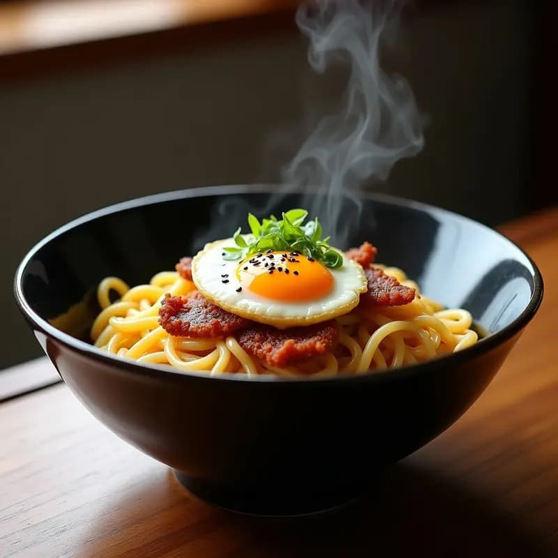 Ramen de Huevo Carbonara con Panceta Ahumada: Receta Japonesa-Italiana Fusión en 30 Minutos