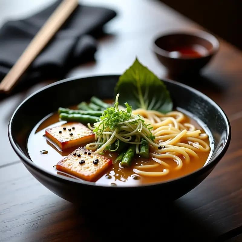 Ramen de Misoshiru con Tofu Ahumado y Espárragos: Receta Japonesa Vegana y Alta en Proteínas