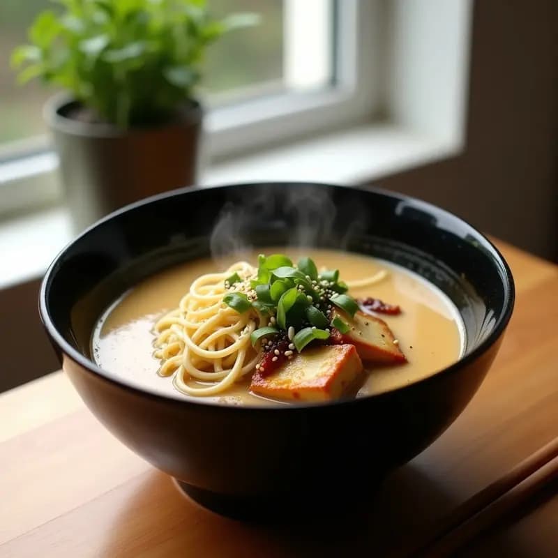 Ramen Vegano de Fideos de Arroz y Miso Blanco: Receta Japonesa Sin Lácteos en 20 Minutos