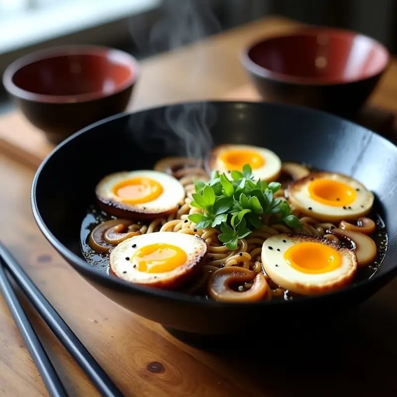 Ramen Japonés con Huevos Maralapados y Champiñones Enokitake: Receta Vegana en 25 Minutos