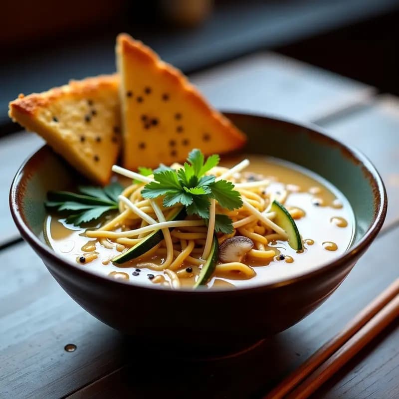 Ramen Vegetariano con Pan de Maíz y Salsa de Cacahuete: Receta Japonesa Fusion en 25 Minutos