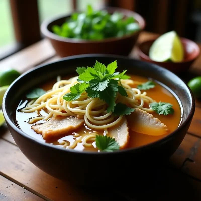 Ratasow de Fideos de Arroz y Cerdo: Receta Laosiana con Hierbas Frescas y Salsa de Pescado
