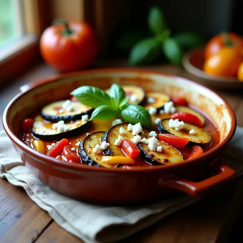 Ratatouille en Capas con Berenjena Asada y Queso de Cabra: Receta Francesa Vegana en Olla Lenta