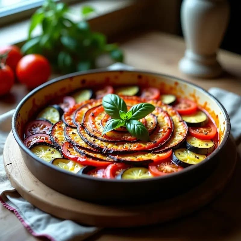Ratatouille Francesa en Capas: Berenjena, Calabacín y Tomate al Horno con Hierbas Provenzales
