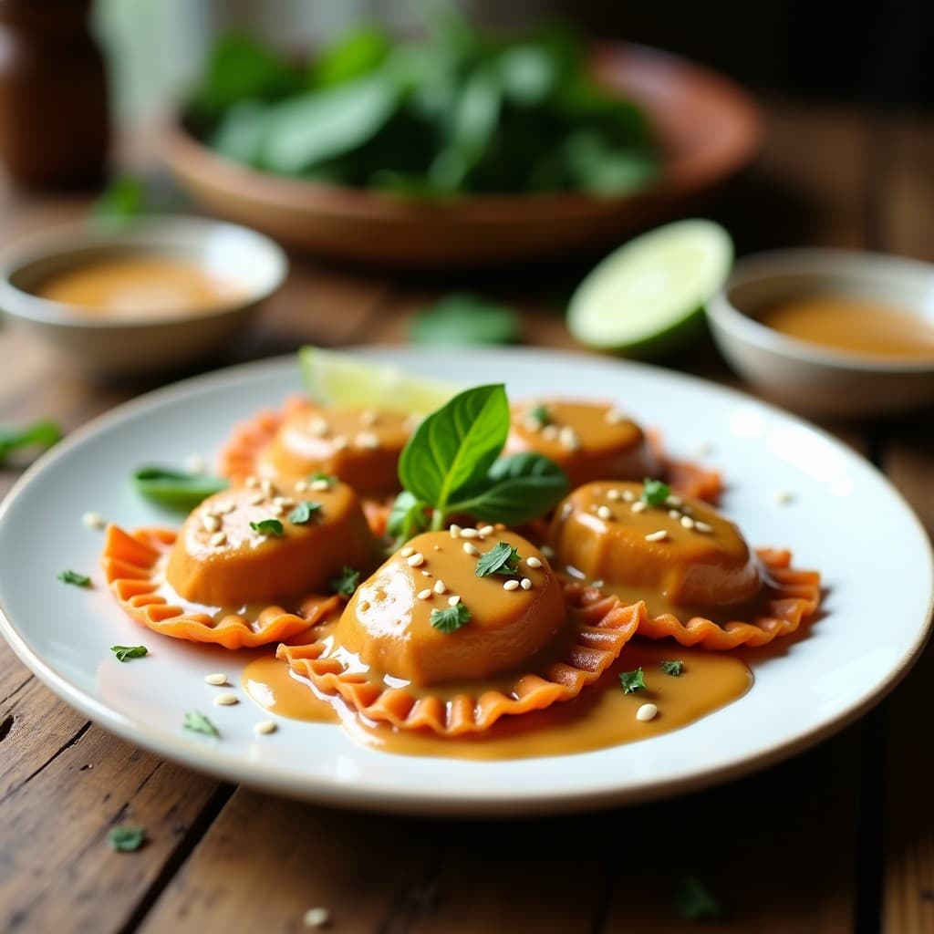 Ravioles de Camote y Espinacas con Salsa de Cacahuete: Receta Vegana en Airfryer