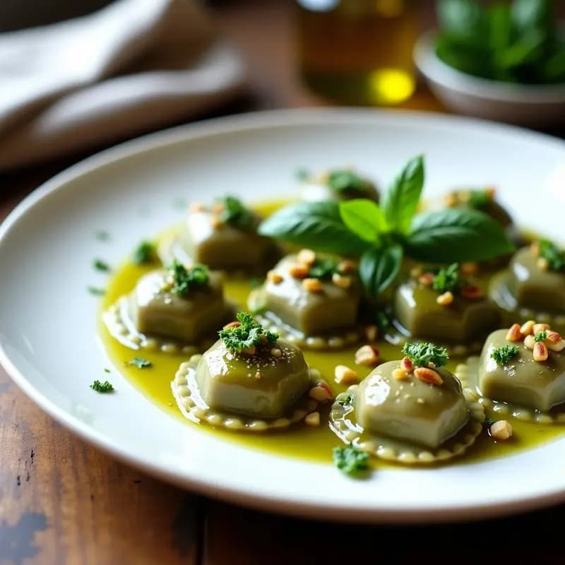 Ravioli de Batata y Queso de Cabra: Receta Italiana Keto con Salsa de Albahaca y Piñones