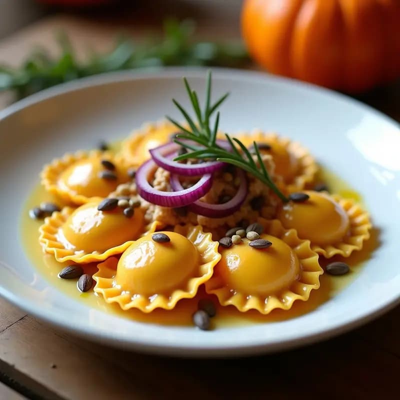 Ravioli de Calabaza Kabocha y Queso de Cacahuete: Receta Italiana Sin Lácteos y Crujiente