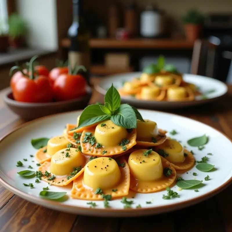 Ravioli de Calabaza y Ricotta Vegana: Pasta rellena tradicional con toque moderno