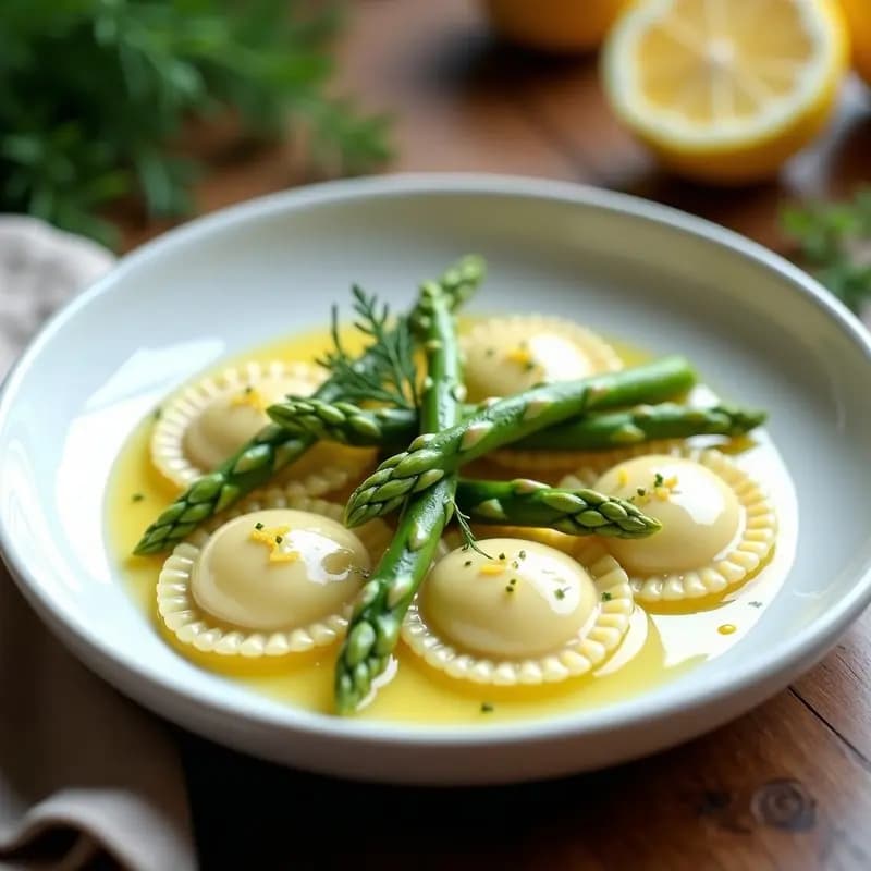 Ravioli de Ricota y Espárragos: Pasta Italiana Fresca con Salsa de Limón