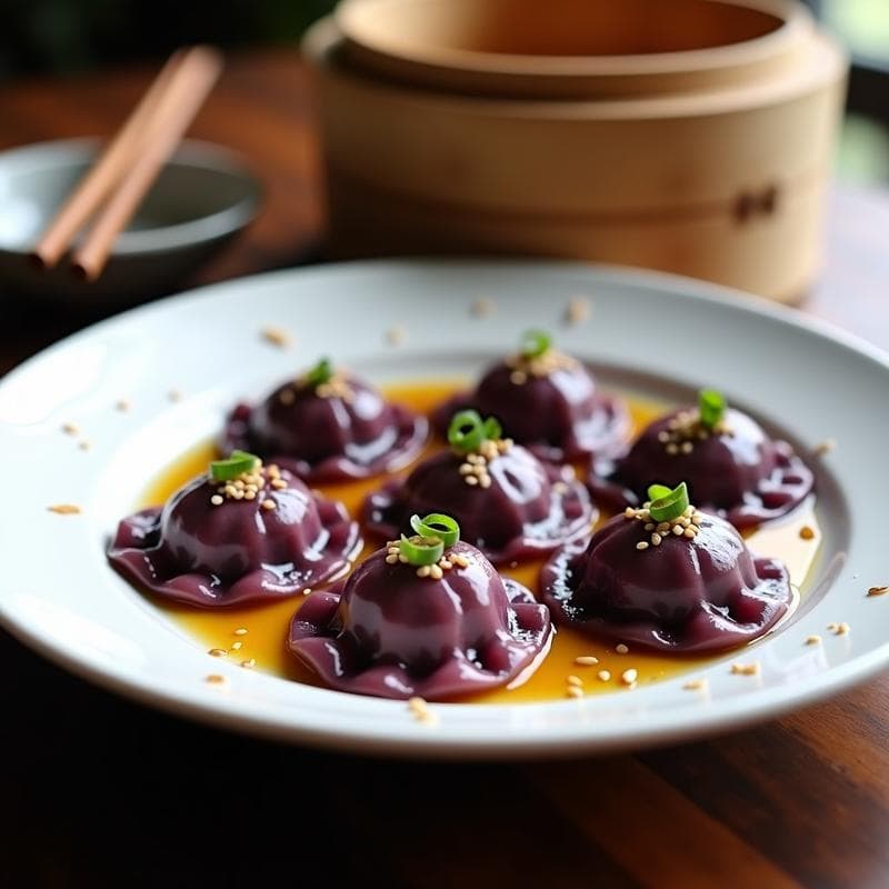 Raviolis de Batata Morada Rellenos de Hongos Shiitake: Receta Vegana al Vapor en 20 Minutos