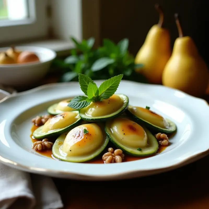 Raviolis de Calabacín Rellenos de Requefort y Peras: Receta Francesa Gourmet