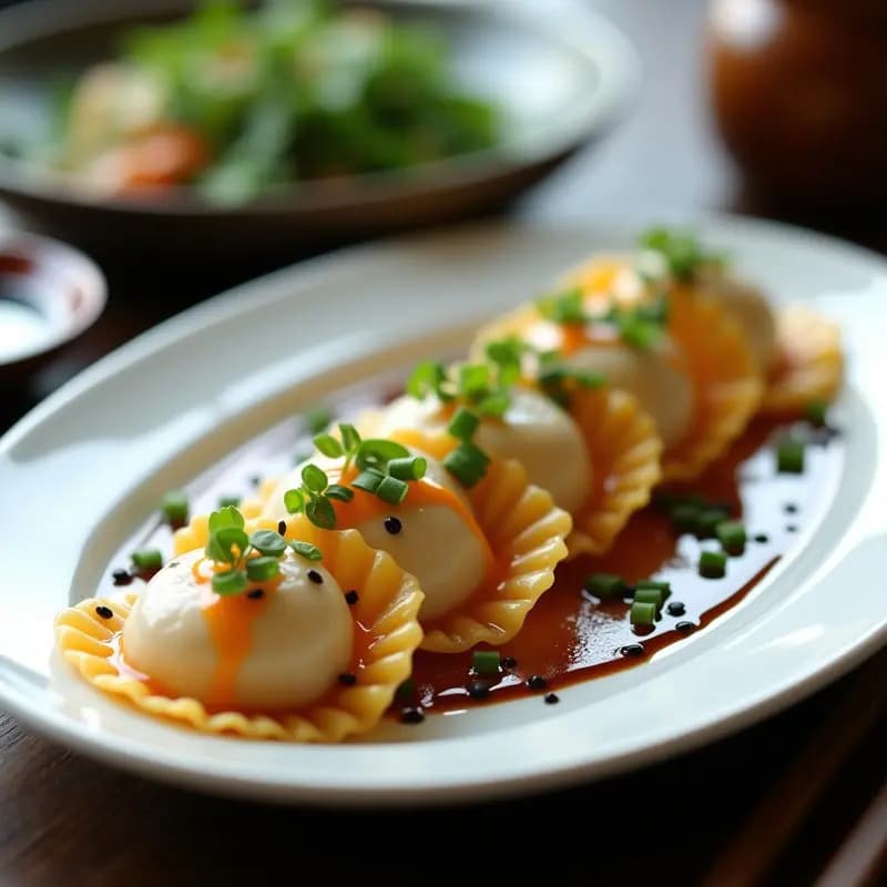 Raviolis de Camarón y Wasabi con Salsa de Sésamo Negro: Receta Japonesa Gourmet en 20 Minutos