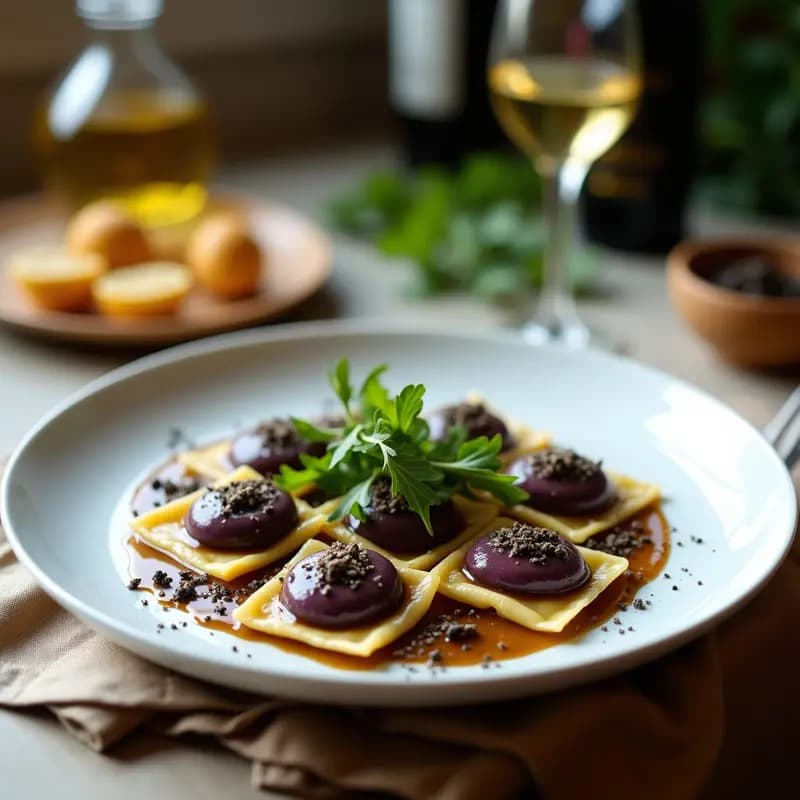 Raviolis de Camote y Champiñones: Receta Italiana Vegana con Salsa de Trufa Negra
