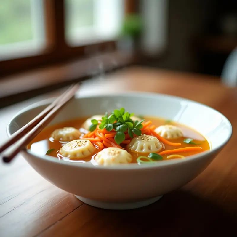 Raviolis Chinos de Camarón y Jengibre con Caldo de Fideos: Sopa Wonton Gourmet
