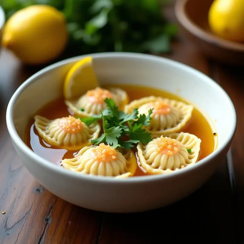 Raviolis chinos de gambas y cilantro con caldo de jengibre y limón