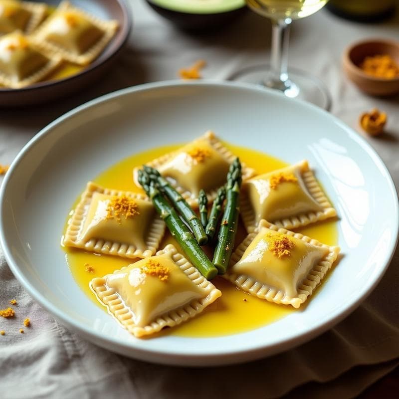 Raviolis de Hongos Shiitake y Espárragos: Receta Italiana Vegana en Thermomix con Salsa de Azafrán