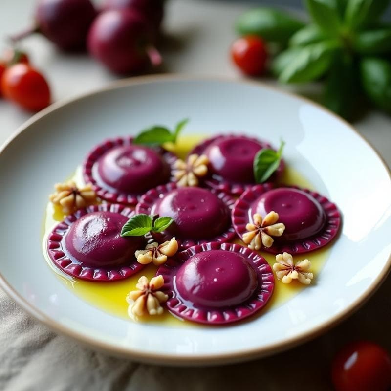Raviolis de Remolacha y Queso de Cabra: Receta Italiana Vegana con Salsa de Noguez