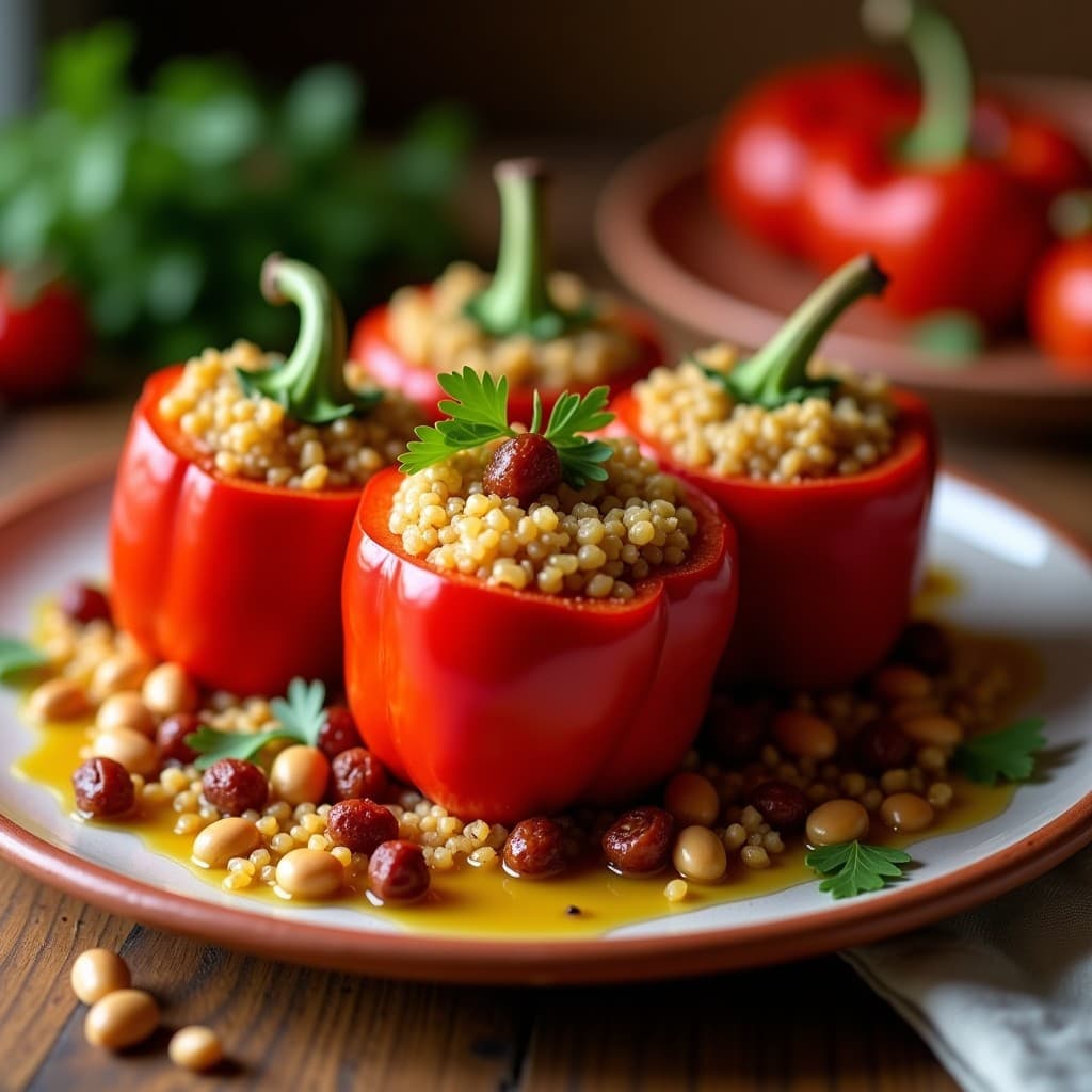 Rellenos de pimiento morrón con quinoa y pasas: receta griega vegana al horno