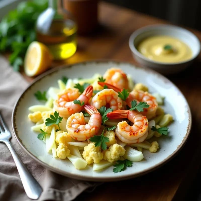 Remoulade de Coliflor y Langostinos: Ensalada Francesa Sin Gluten y Alta en Proteína