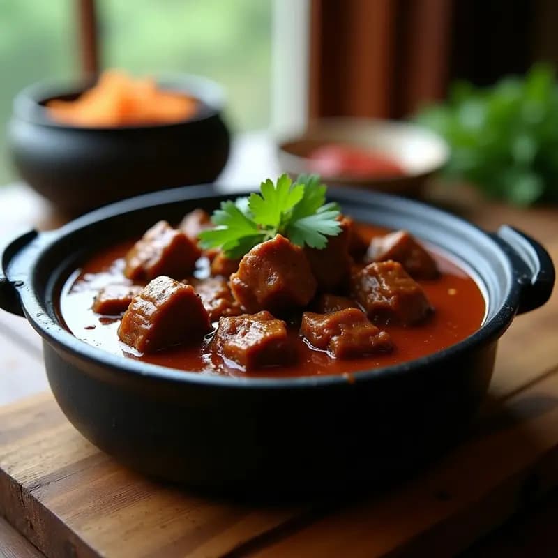 Rendang Indonesio de Ternera: Curry Picante y Cocido a Fuego Lento