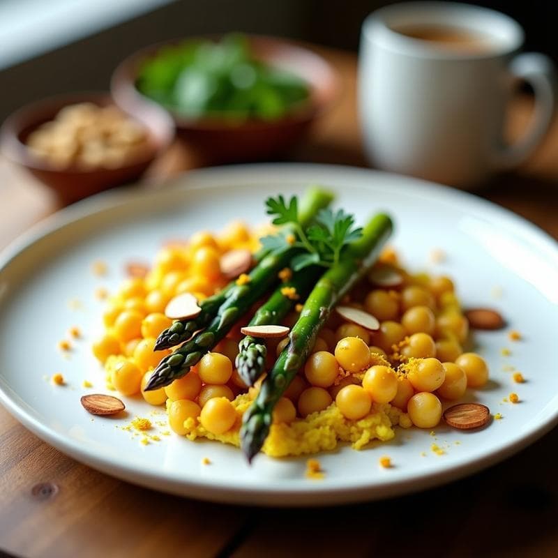 Revuelto de Garbanzos y Espárragos Trigueros: Desayuno Vegano con Toque de Azafrán